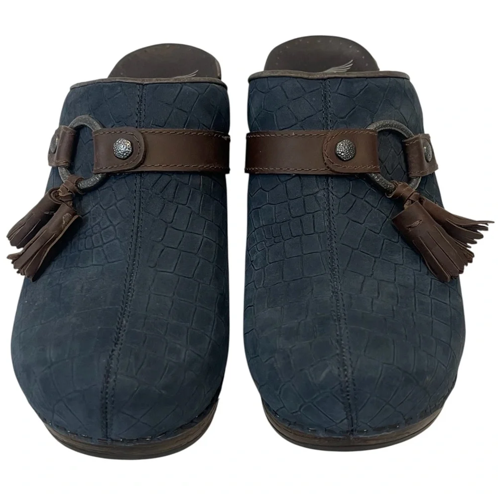 Dansko Shandi Snakeskin Blue Leather Slip-On Clogs - Picture 2 of 10